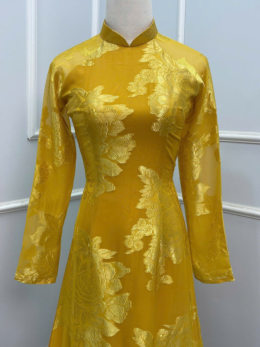 H209 1346 Áo only - Áo dài tơ silk màu vàng