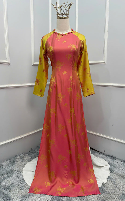 H207 H208 1345 - Áo dài lụa 2 da đính cúc bọc