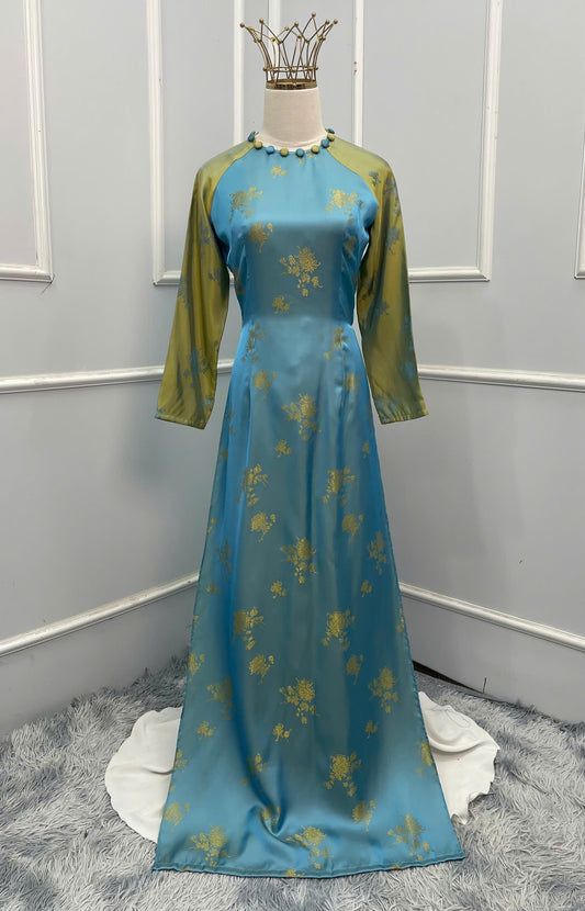 H207 H208 1345 - Áo dài lụa 2 da đính cúc bọc