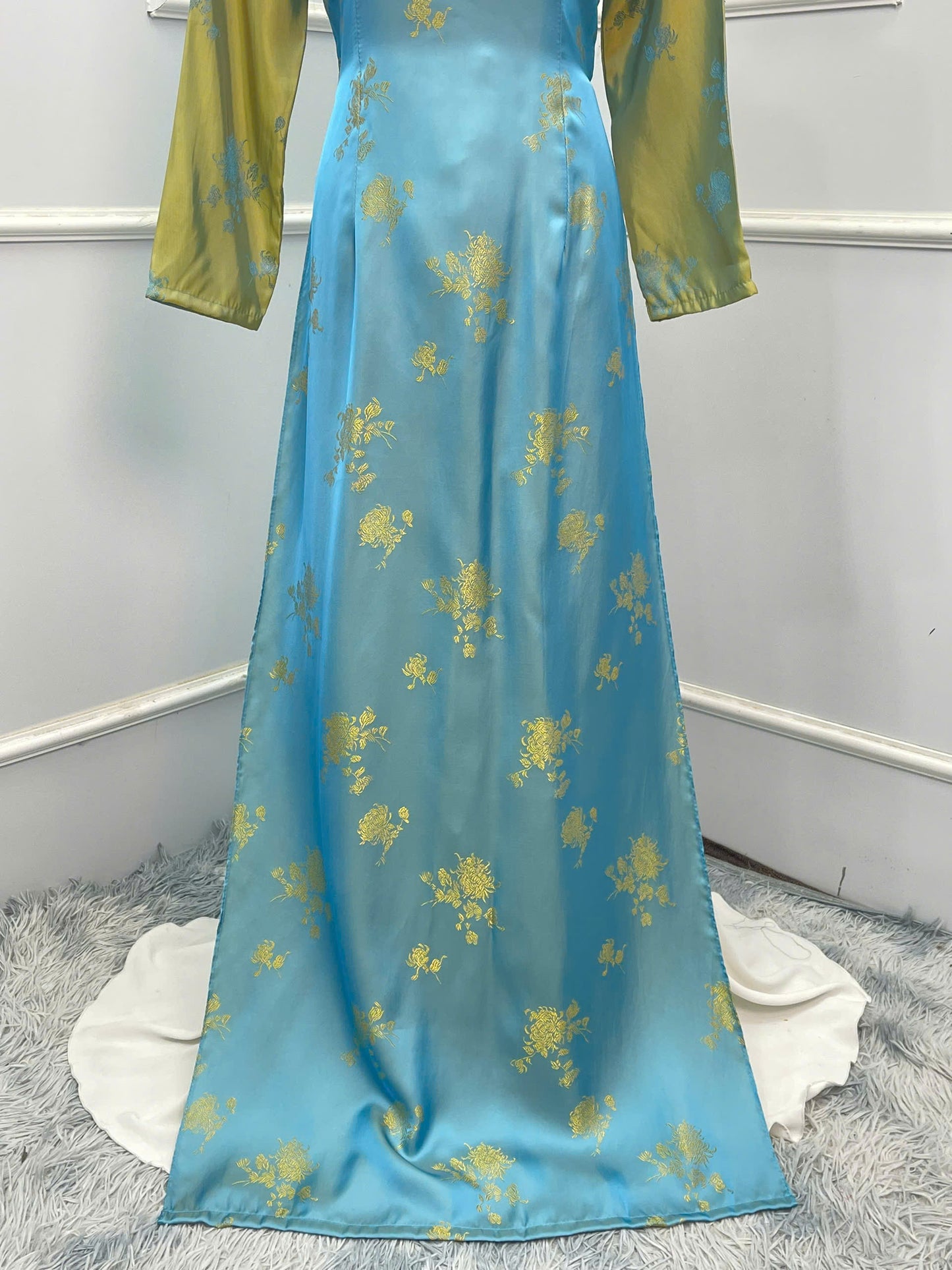 H207 H208 1345 - Áo dài lụa 2 da đính cúc bọc