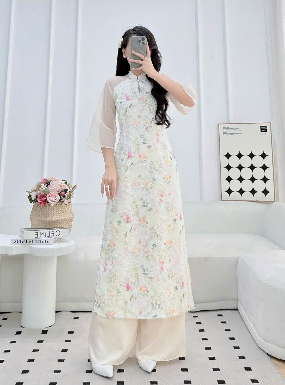 T608 Áo only - Áo dài lụa tơ lông vũ 4 tà màu kem