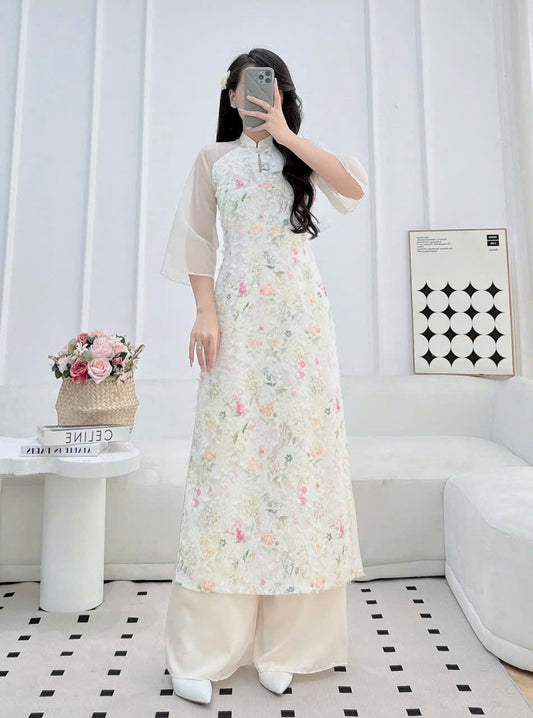 T608 Áo only - Áo dài lụa tơ lông vũ 4 tà màu kem