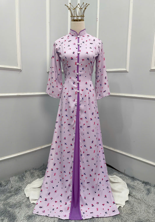 H213 1350 Áo + quần - Áo dài lụa 4 tà đính cúc bọc + quần tím cà