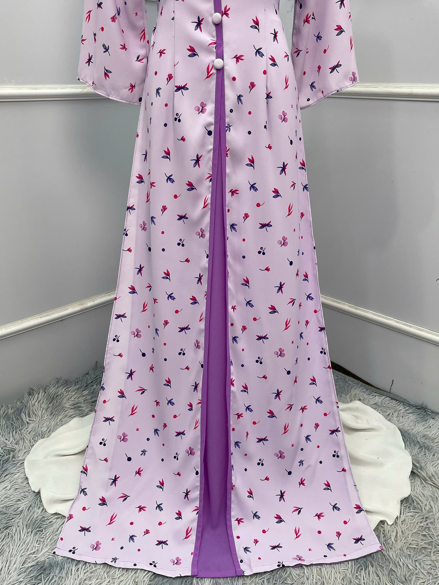 H213 1350 Áo + quần - Áo dài lụa 4 tà đính cúc bọc + quần tím cà