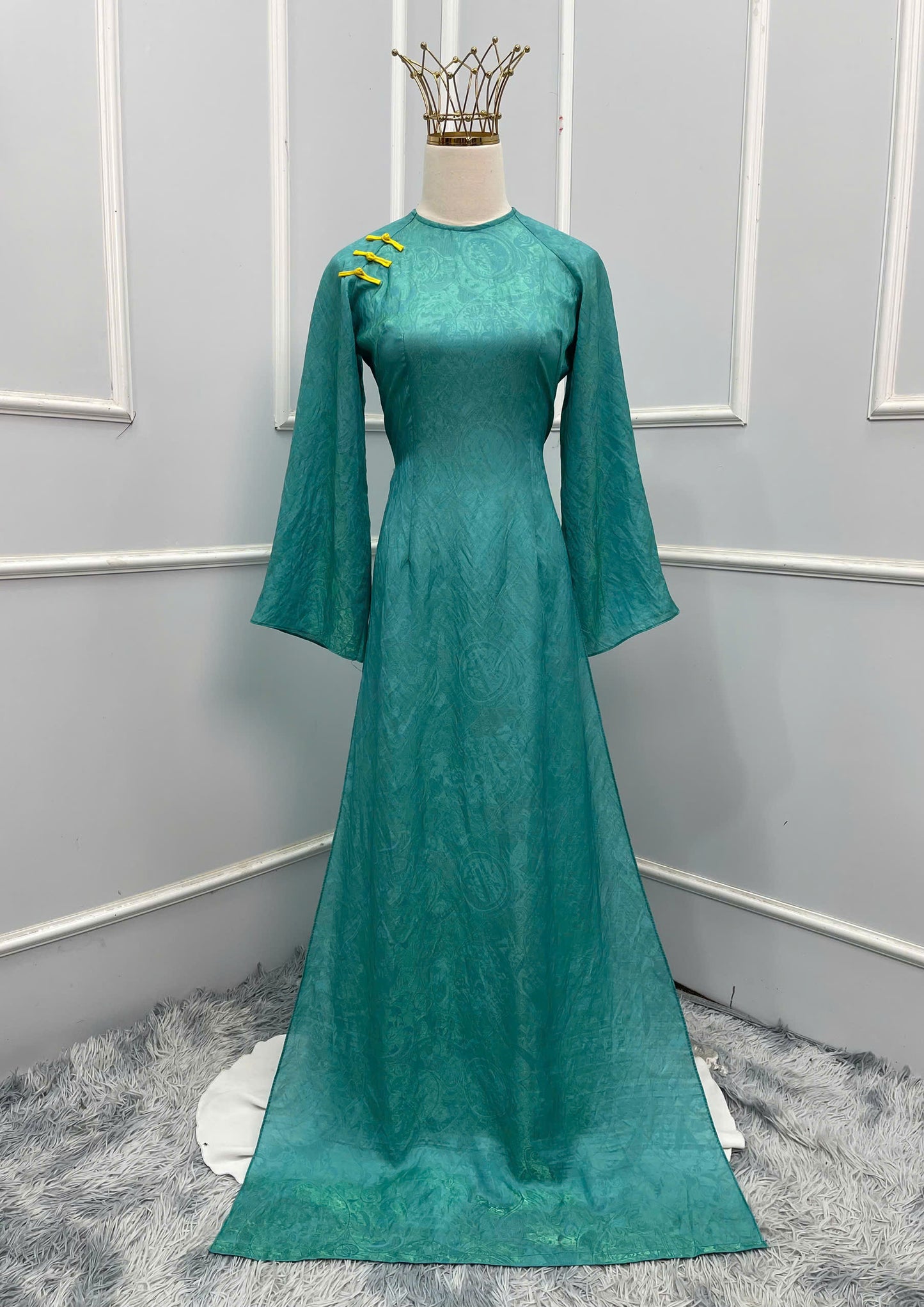 H210 1348 Áo + quần - Áo dài lụa xanh ánh vàng + quần vàng