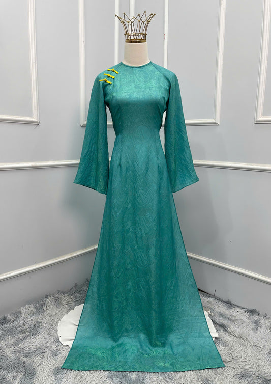 H210 1348 Áo + quần - Áo dài lụa xanh ánh vàng + quần vàng