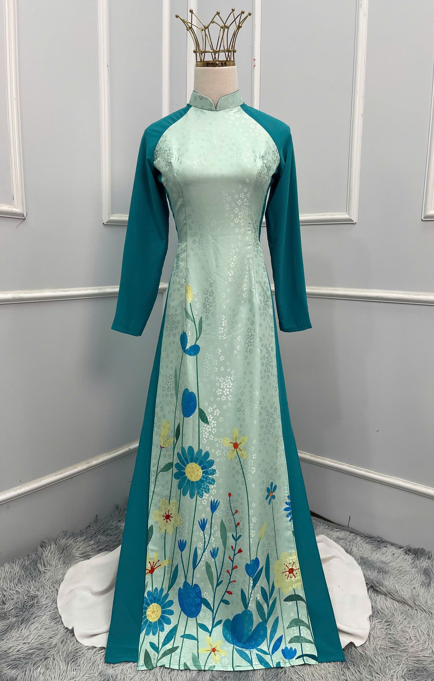 H221 1356 Áo + quần - Áo dài lụa hoa mai 4 tà + quần xanh dương