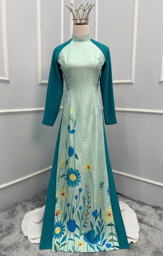 H221 1356 Áo + quần - Áo dài lụa hoa mai 4 tà + quần xanh dương