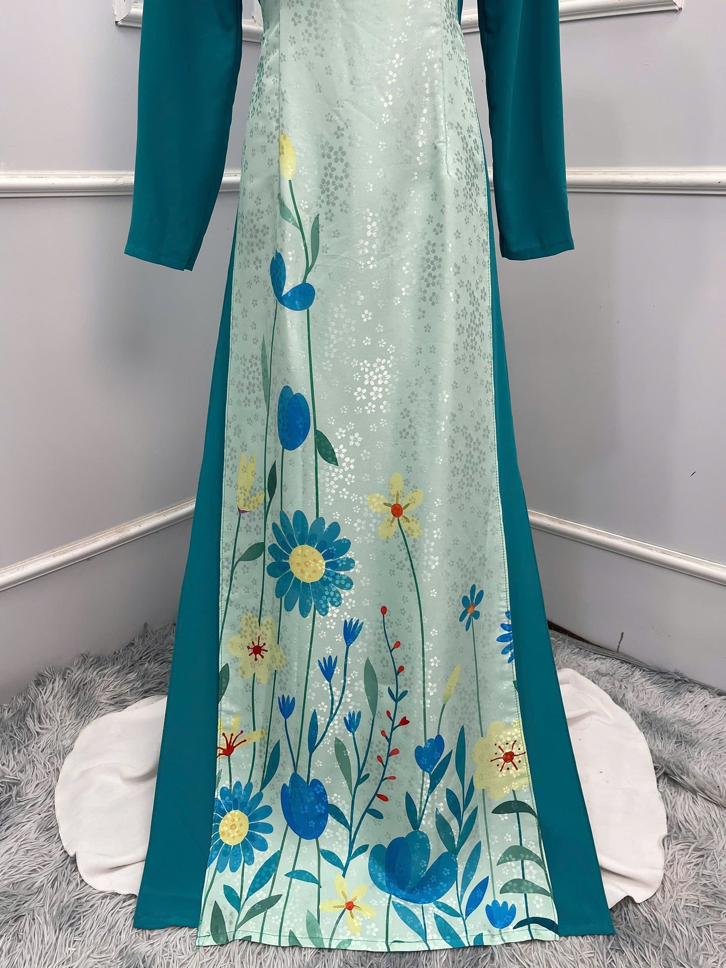 H221 1356 Áo + quần - Áo dài lụa hoa mai 4 tà + quần xanh dương