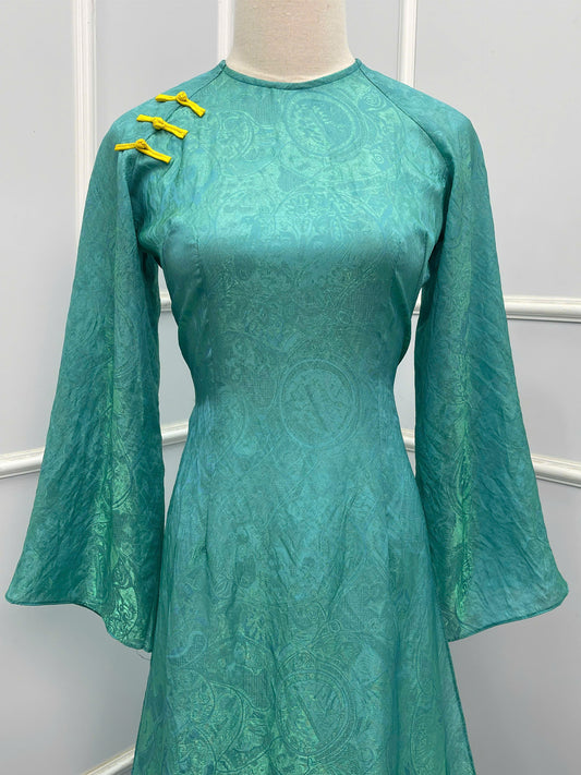 H210 1348 Áo + quần - Áo dài lụa xanh ánh vàng + quần vàng