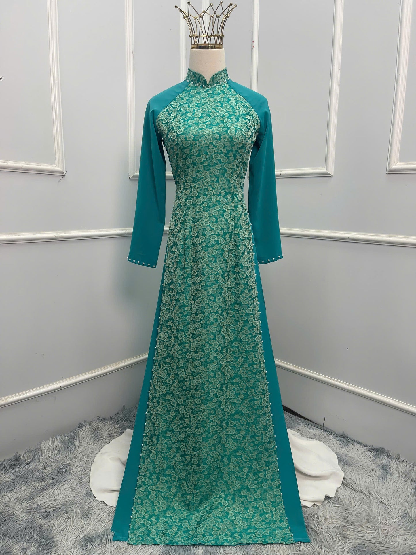 H214 H215 1351 Áo + quần - Áo dài lụa 4 tà đính ngọc + quần cùng màu