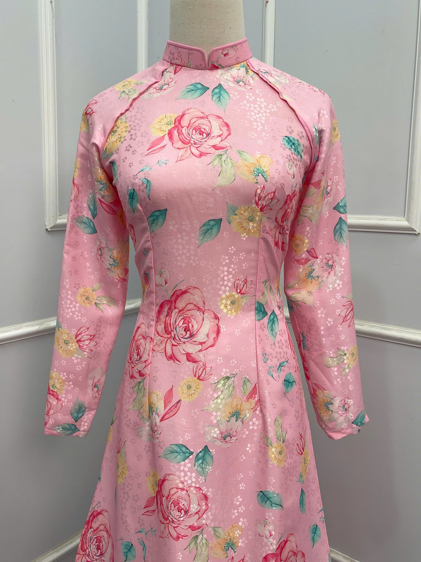 H220 1355 Áo + quần - Áo dài lụa hoa mai màu hồng + quần cùng màu