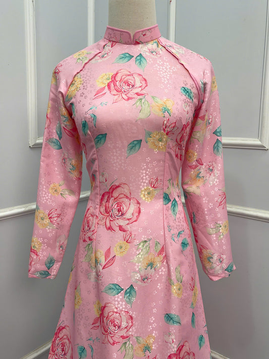 H220 1355 Áo + quần - Áo dài lụa hoa mai màu hồng + quần cùng màu