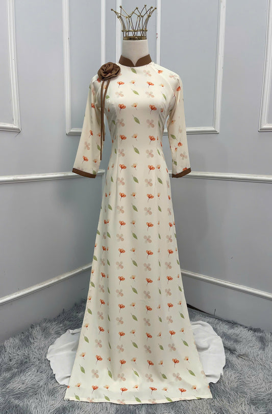 H212 1349 Áo + quần - Áo dài lụa màu kem + quần nâu