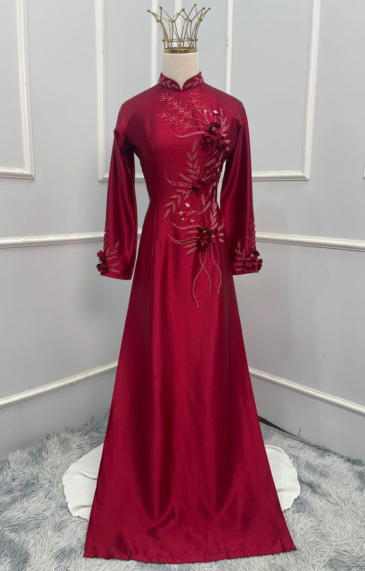 S210 1438 Áo + quần - Áo dài đỏ đính kết + quần cùng màu