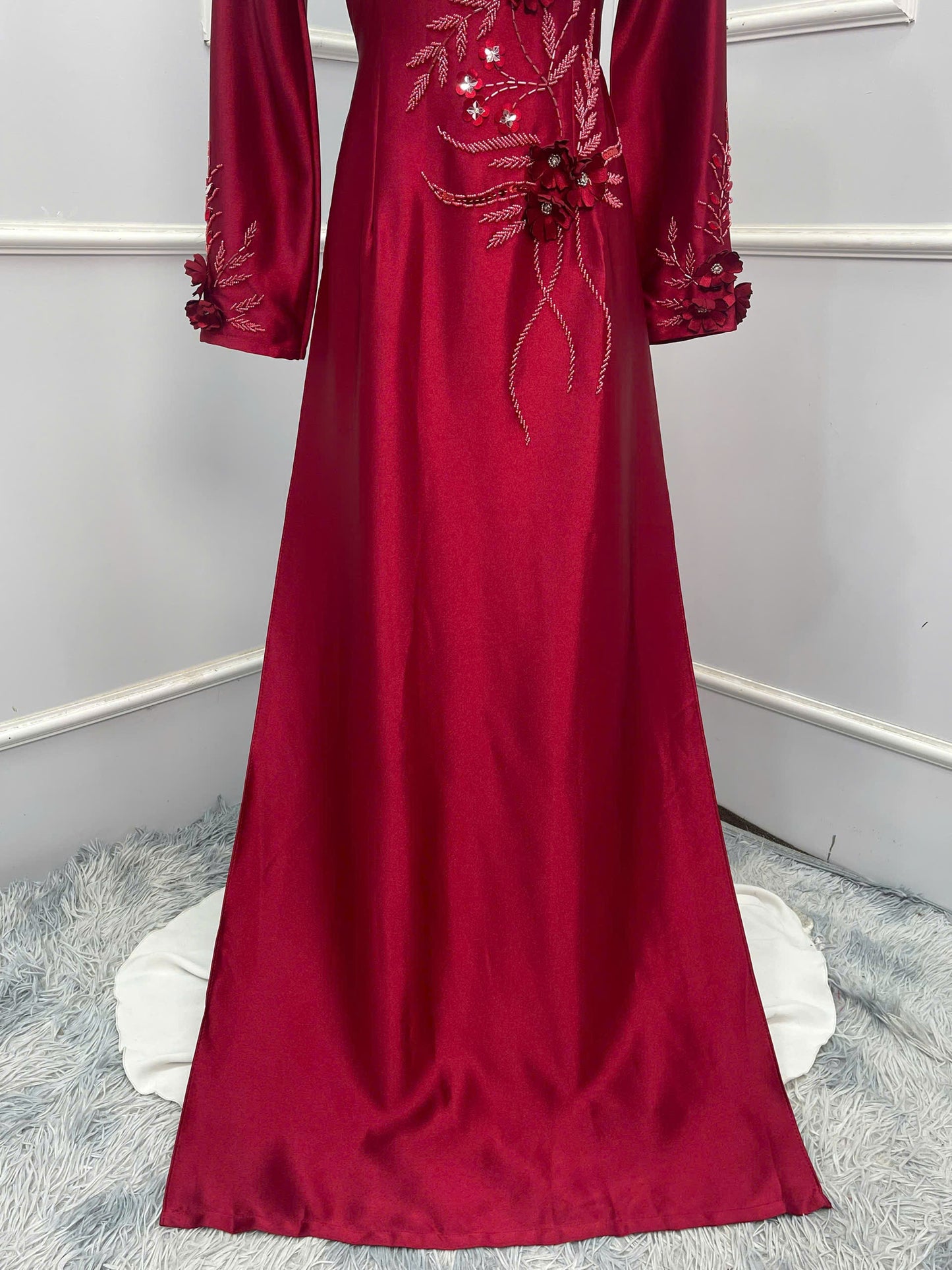 S210 1438 Áo + quần - Áo dài đỏ đính kết + quần cùng màu