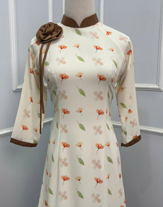 H212 1349 Áo + quần - Áo dài lụa màu kem + quần nâu