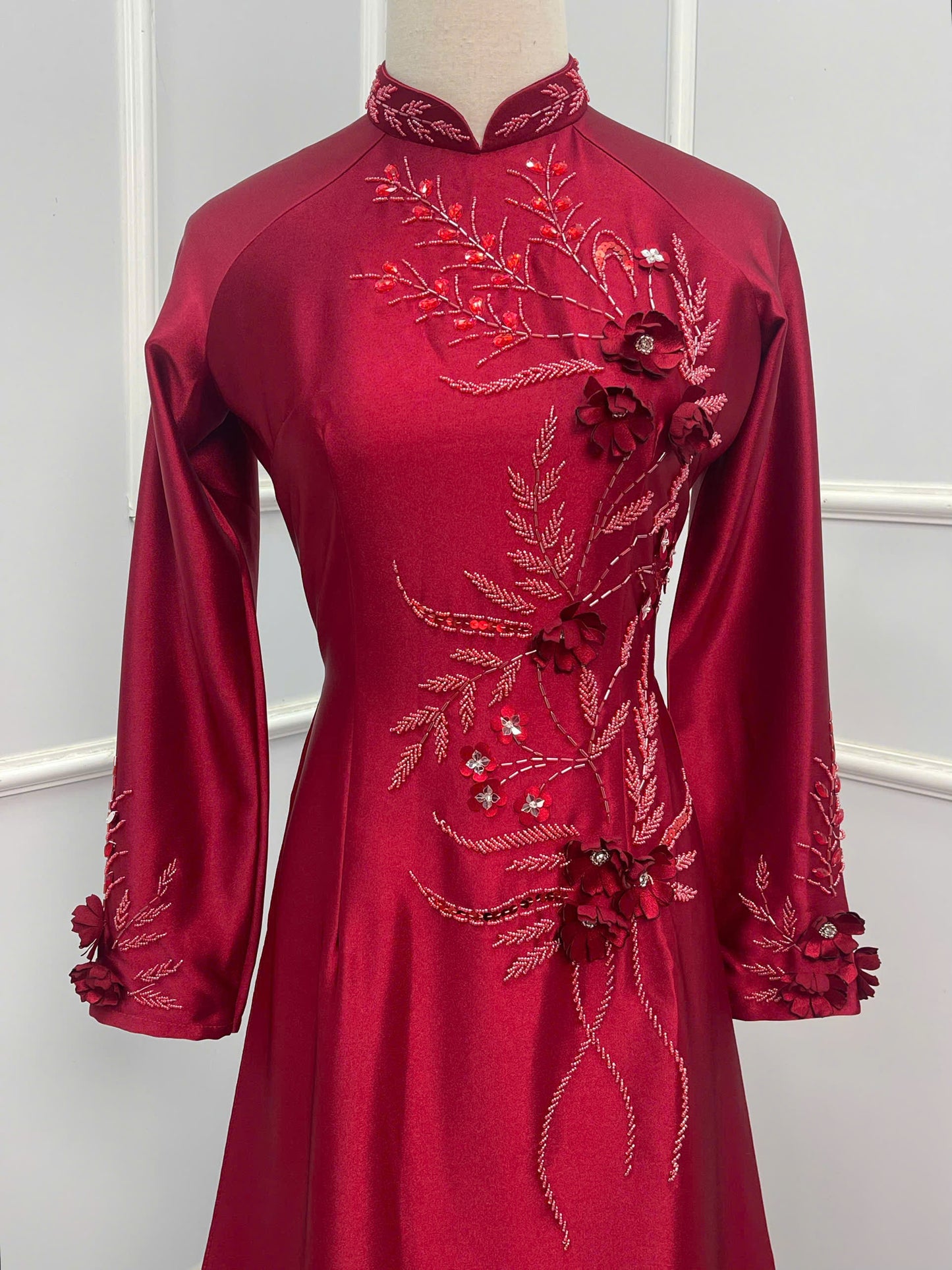 S210 1438 Áo + quần - Áo dài đỏ đính kết + quần cùng màu