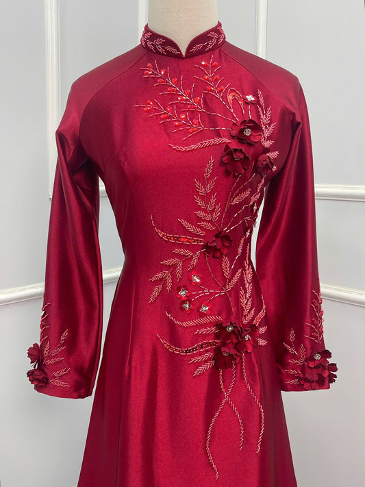 S210 1438 Áo + quần - Áo dài đỏ đính kết + quần cùng màu