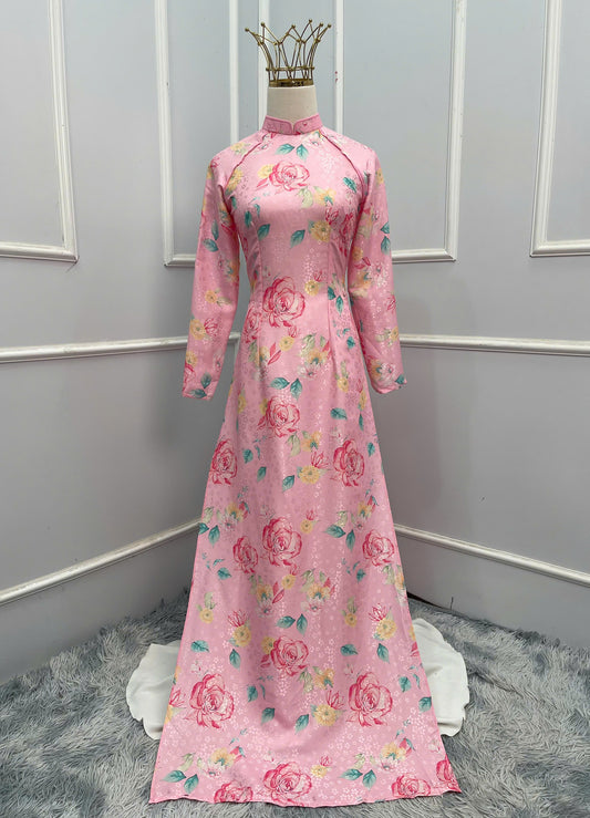 H220 1355 Áo + quần - Áo dài lụa hoa mai màu hồng + quần cùng màu