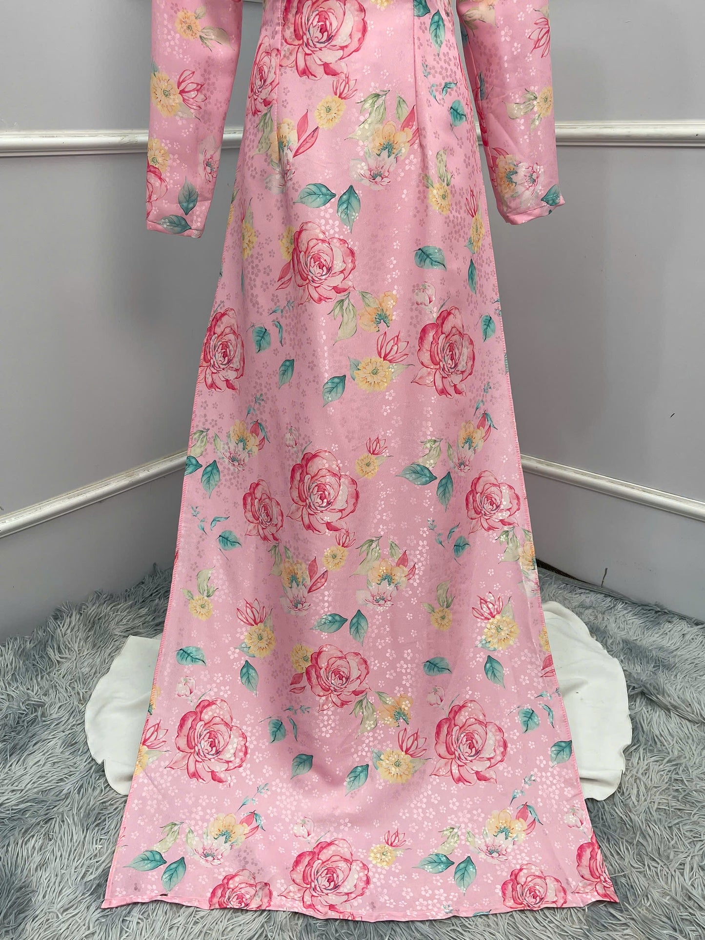 H220 1355 Áo + quần - Áo dài lụa hoa mai màu hồng + quần cùng màu