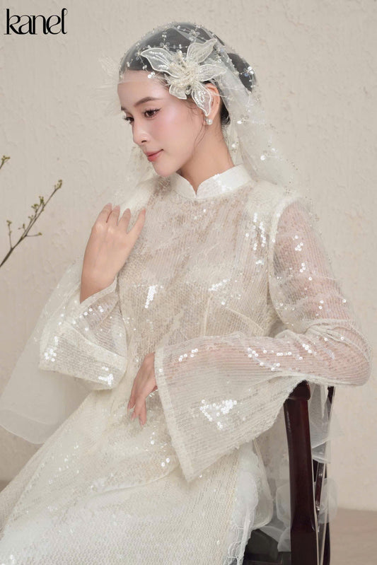 T609 Áo only - Áo dài kim tuyến kim sa trắng