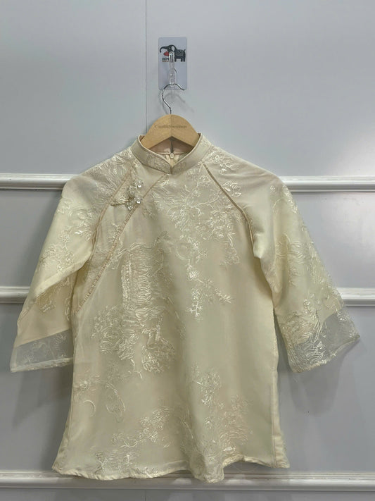 PP91 1363 Áo + quần - Bộ pháp phục màu kem thêu đính kết