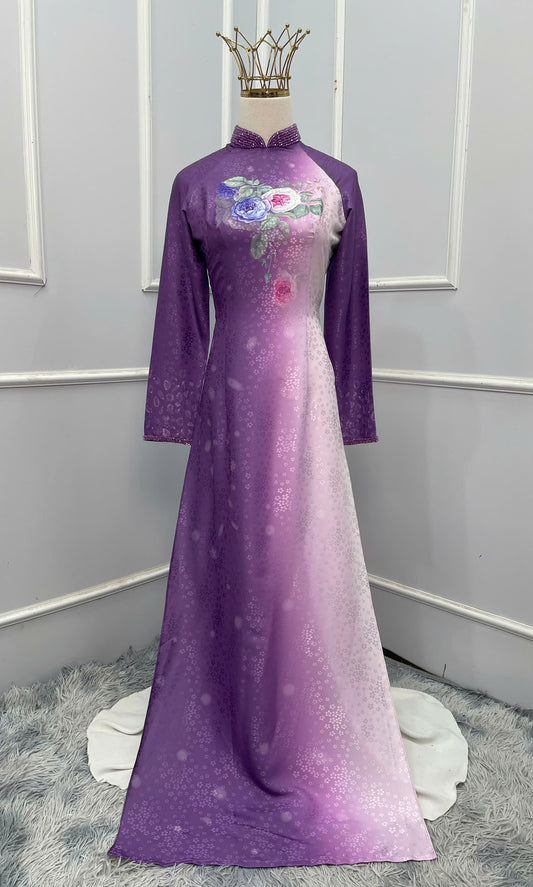 H239 1386 Áo only - Áo dài lụa hoa mai đính ngọc ở cổ