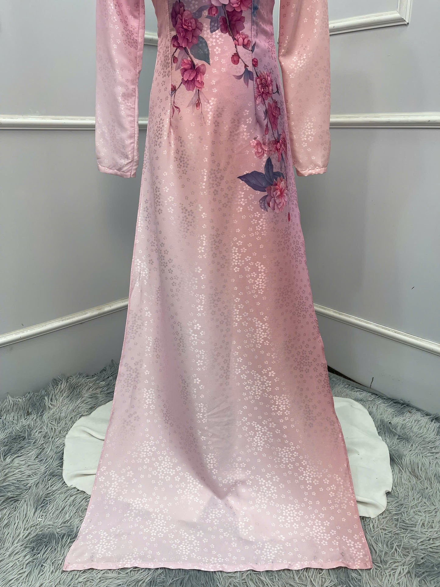 H238 1385 Áo only - Áo dài lụa hoa mai hoạ tiết hoa