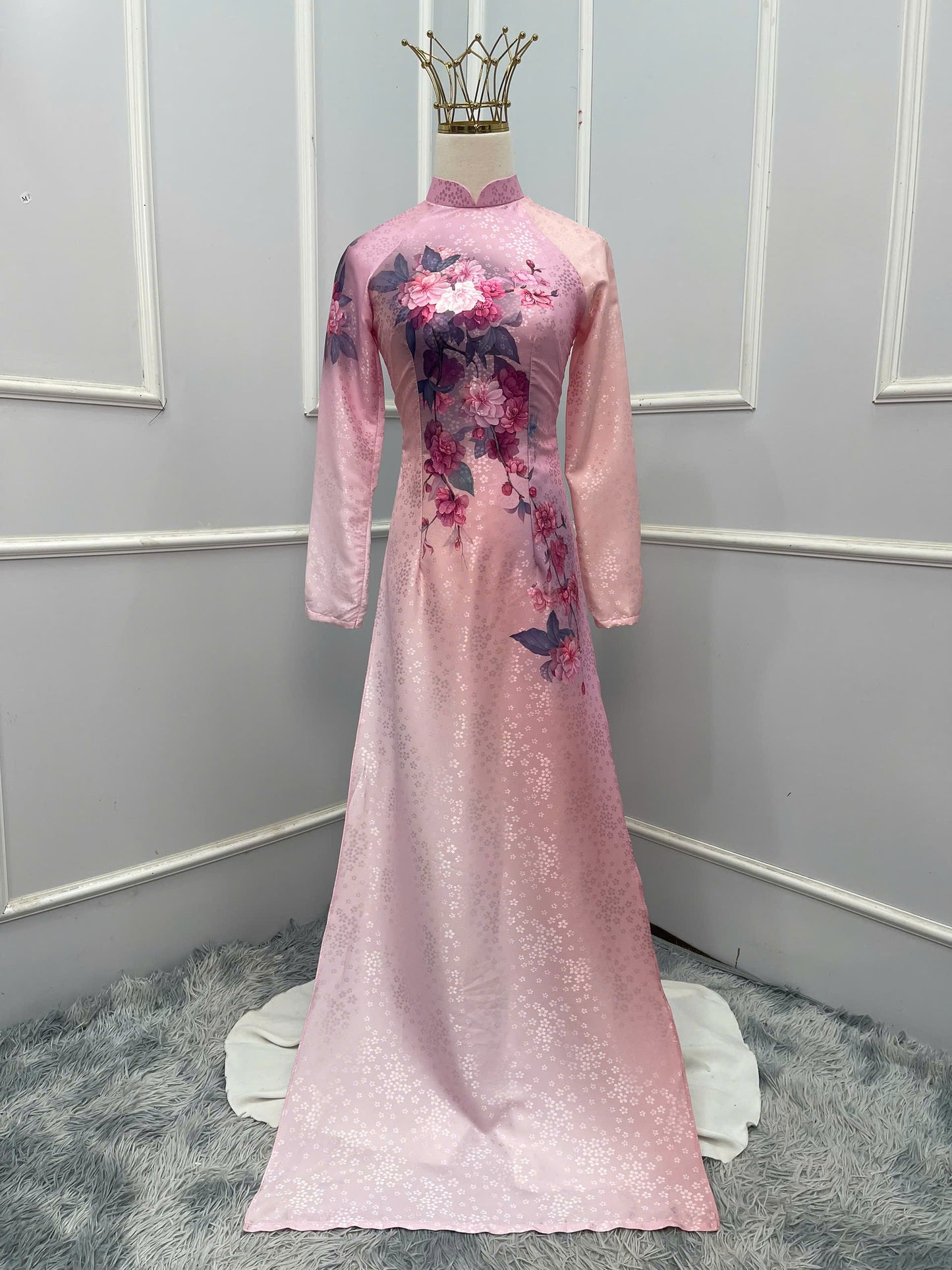 H238 1385 Áo only - Áo dài lụa hoa mai hoạ tiết hoa