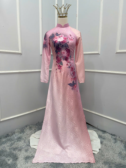 H238 1385 Áo only - Áo dài lụa hoa mai hoạ tiết hoa