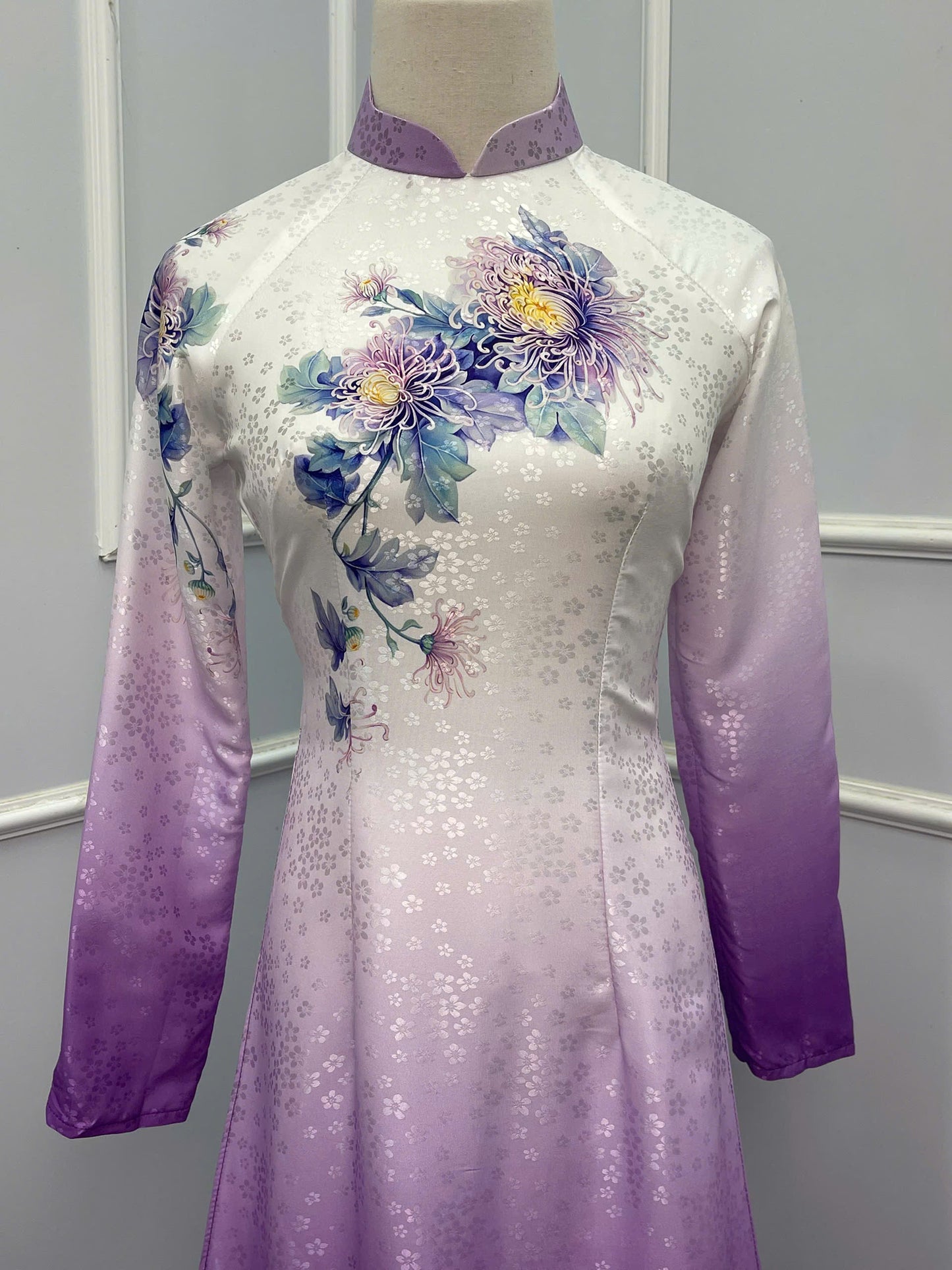 H245 1392 Áo only - Áo dài lụa hoa mai màu trắng tím