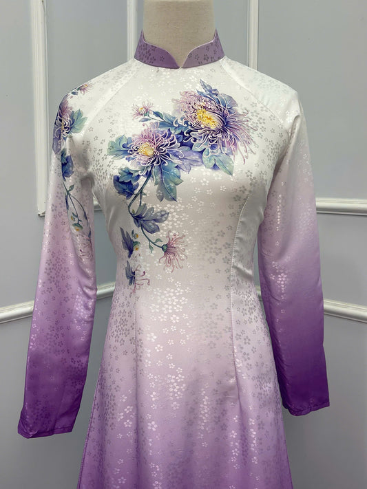 H245 1392 Áo only - Áo dài lụa hoa mai màu trắng tím
