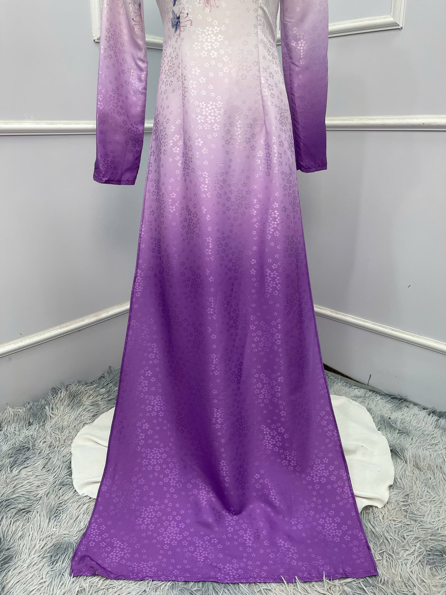 H245 1392 Áo only - Áo dài lụa hoa mai màu trắng tím