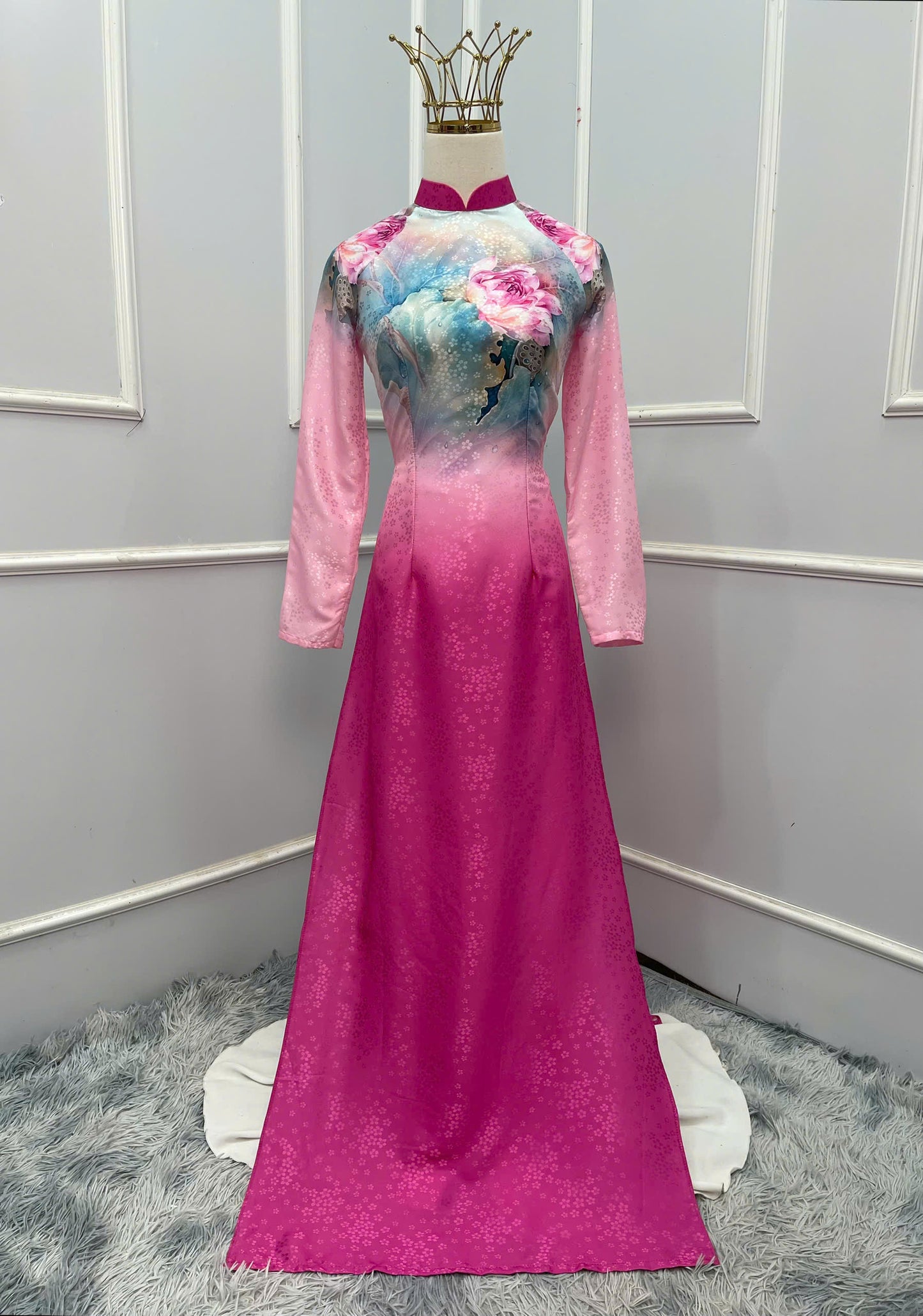 H246 1393 Áo only - Áo dài lụa hoa mai màu hồng