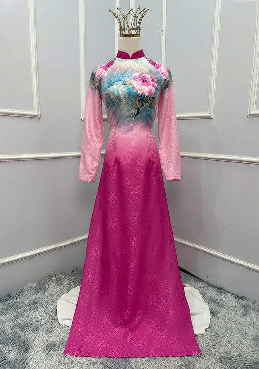 H246 1393 Áo only - Áo dài lụa hoa mai màu hồng