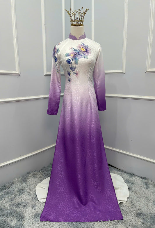 H245 1392 Áo only - Áo dài lụa hoa mai màu trắng tím