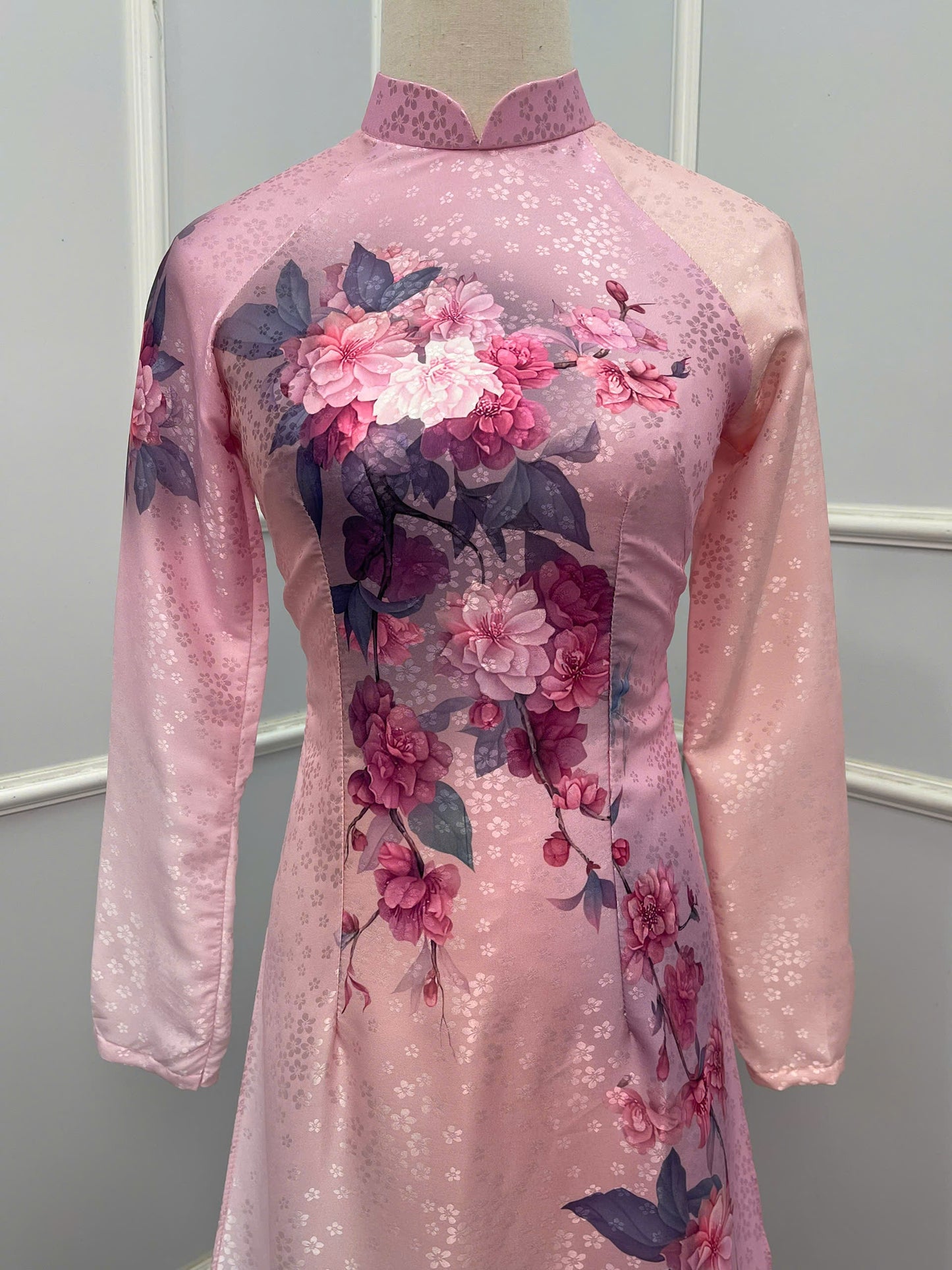 H238 1385 Áo only - Áo dài lụa hoa mai hoạ tiết hoa