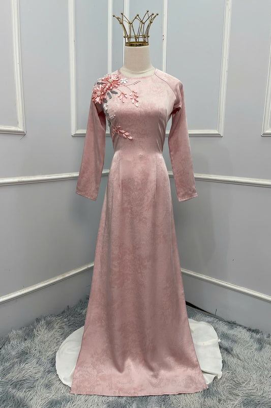 H248 1375 Áo only - Áo dài đính hoa màu hồng nude