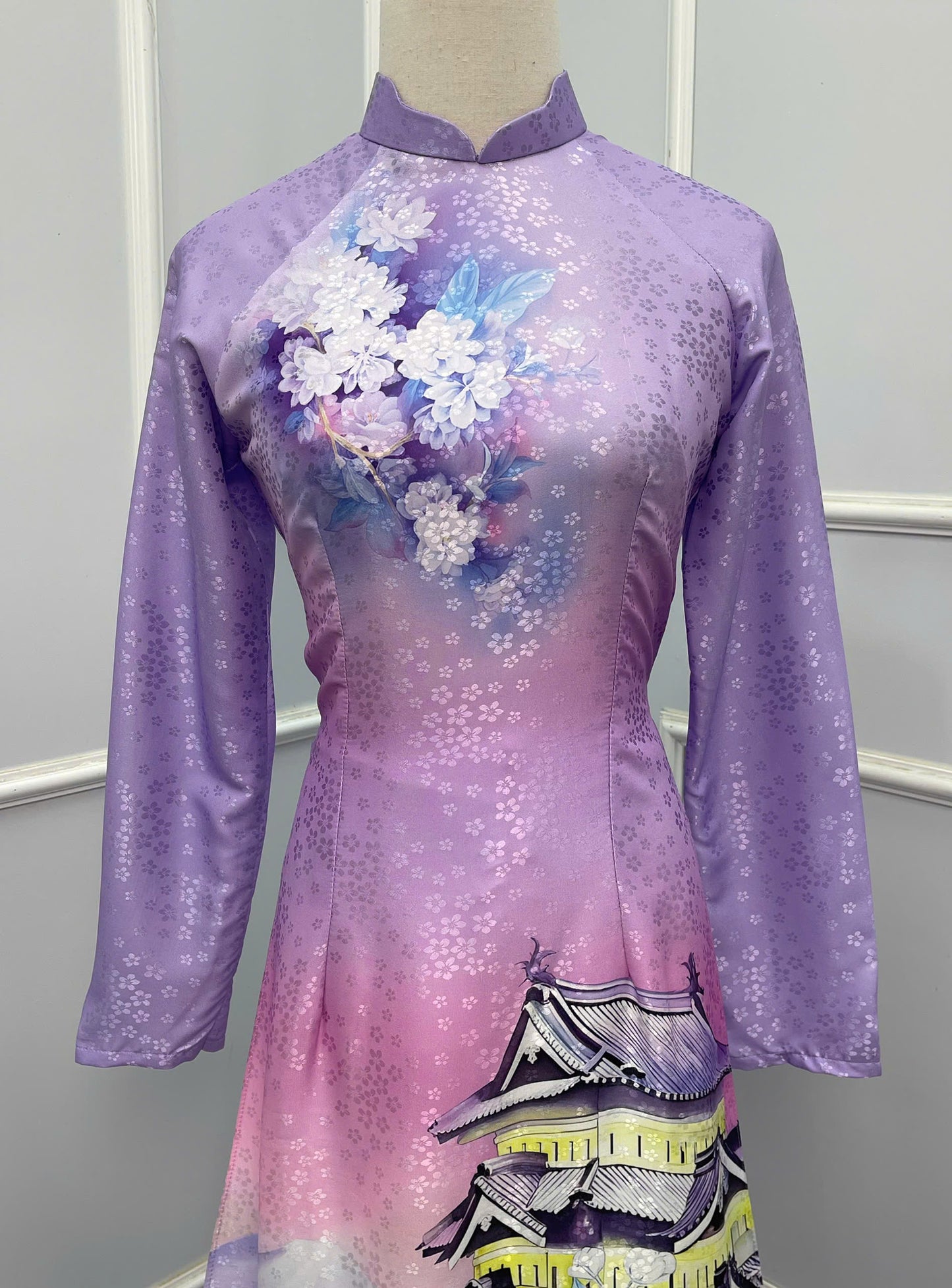 H244 1391 Áo only - Áo dài lụa hoa mai in cúc đại đoá