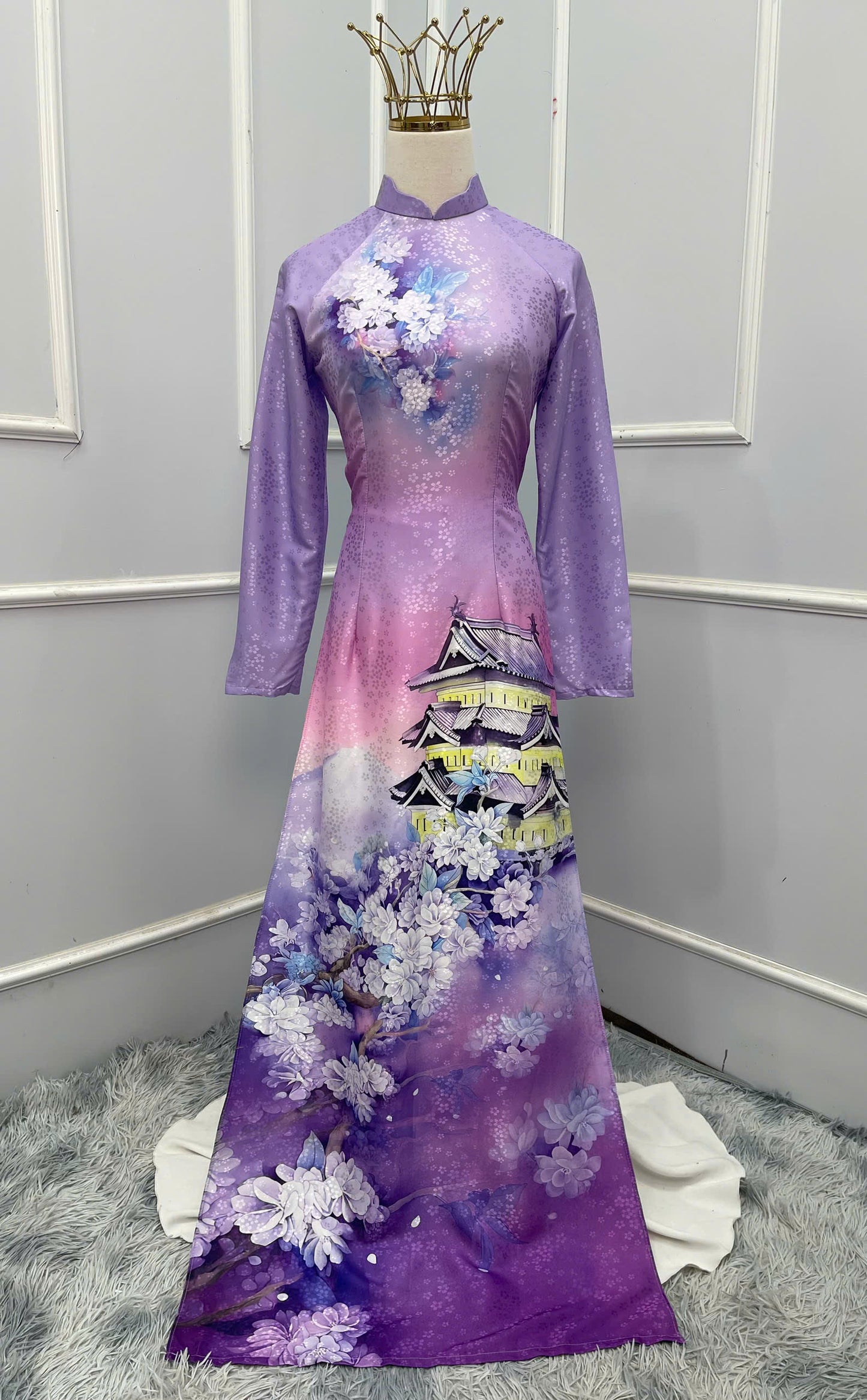 H244 1391 Áo only - Áo dài lụa hoa mai in cúc đại đoá