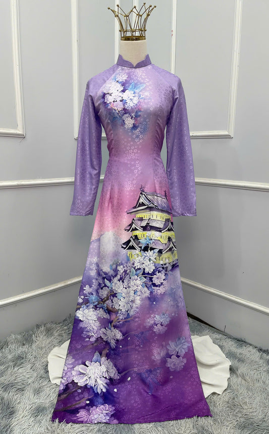 H244 1391 Áo only - Áo dài lụa hoa mai in cúc đại đoá