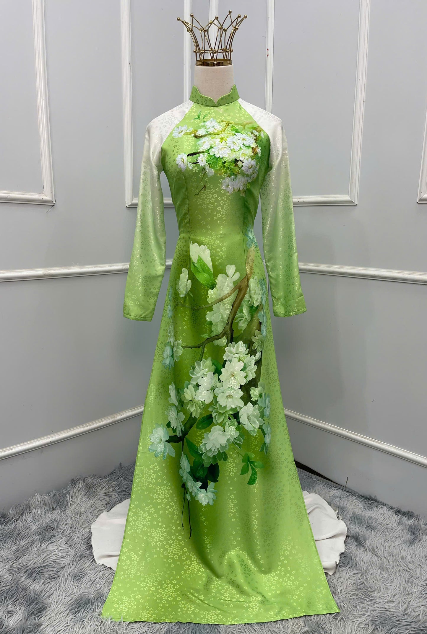 H247 1394 Áo only - Áo dài lụa hoa mai màu xanh lá