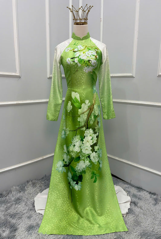 H247 1394 Áo only - Áo dài lụa hoa mai màu xanh lá