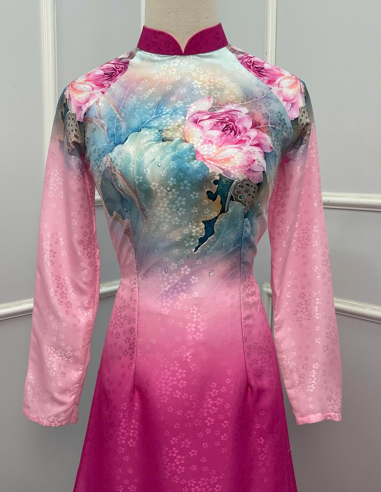 H246 1393 Áo only - Áo dài lụa hoa mai màu hồng