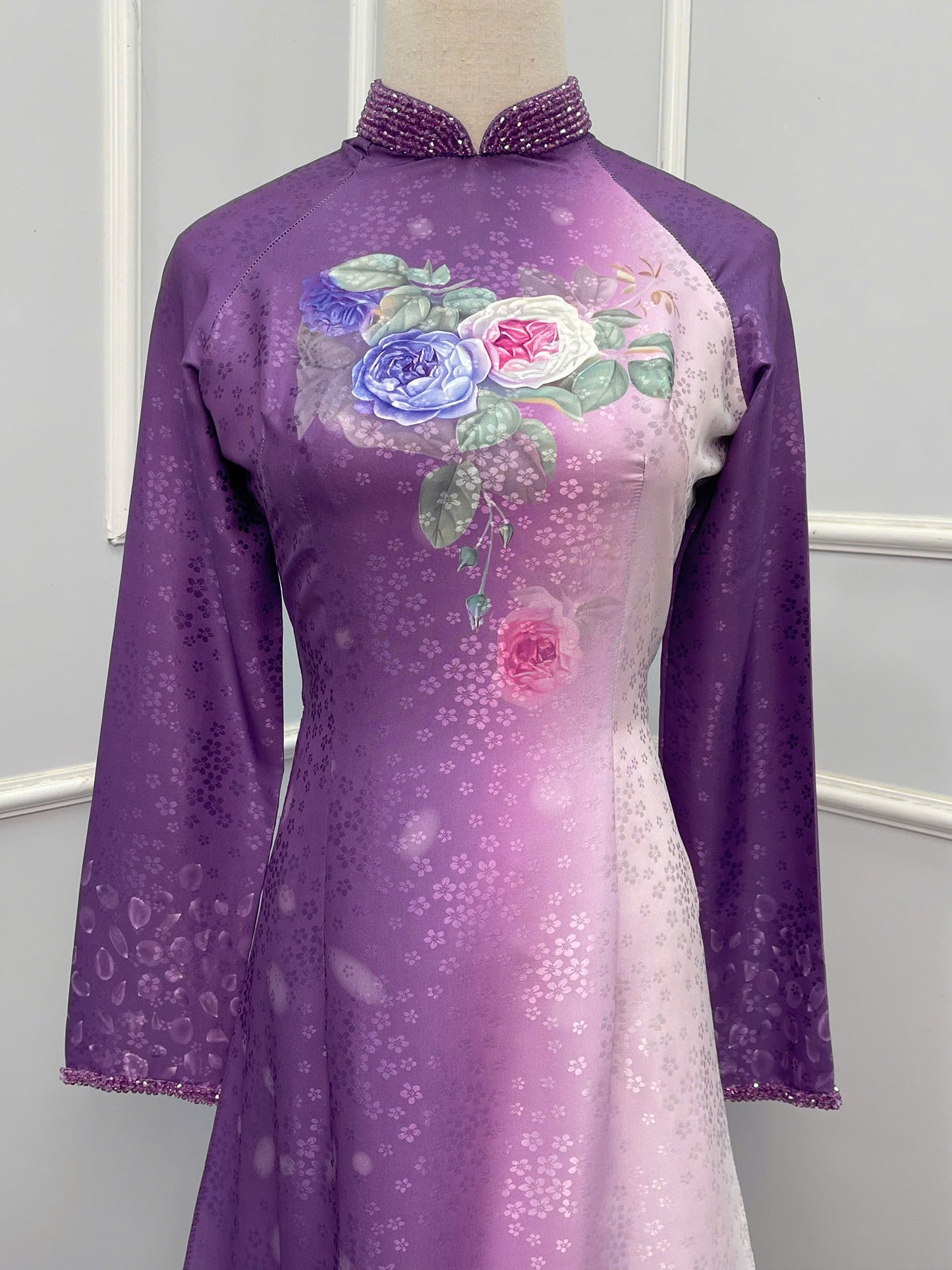 H239 1386 Áo only - Áo dài lụa hoa mai đính ngọc ở cổ