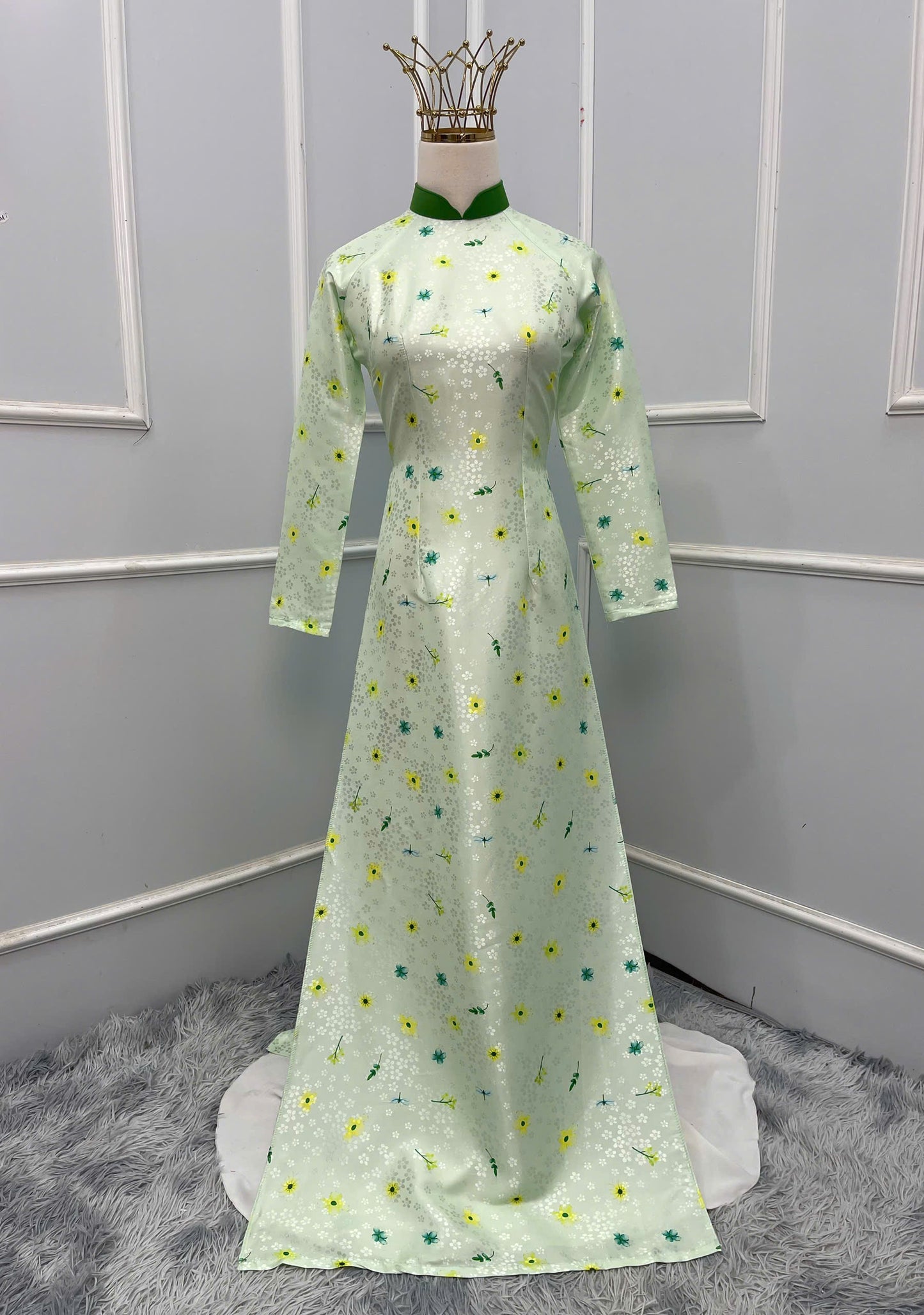 H243 1390 Áo + quần - Áo dài lụa hoa mai + quần màu xanh