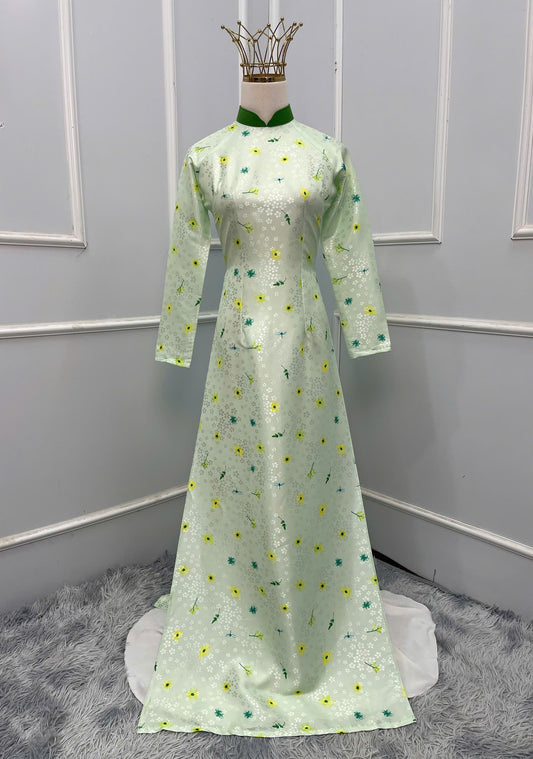 H243 1390 Áo + quần - Áo dài lụa hoa mai + quần màu xanh