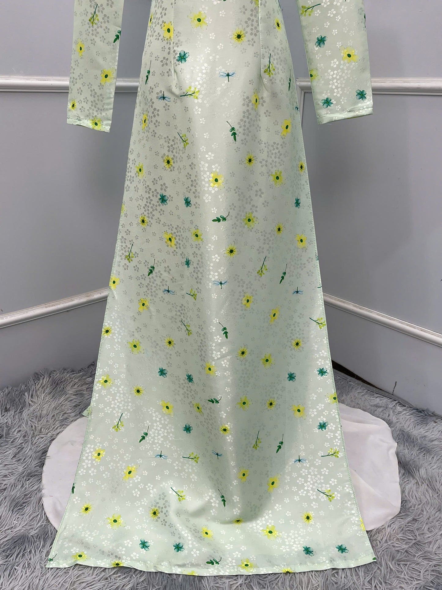 H243 1390 Áo + quần - Áo dài lụa hoa mai + quần màu xanh