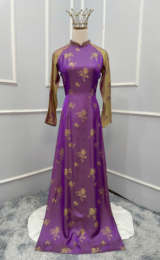 H227 H228 1374 Áo only - Áo dài lụa 2 da đính cổ